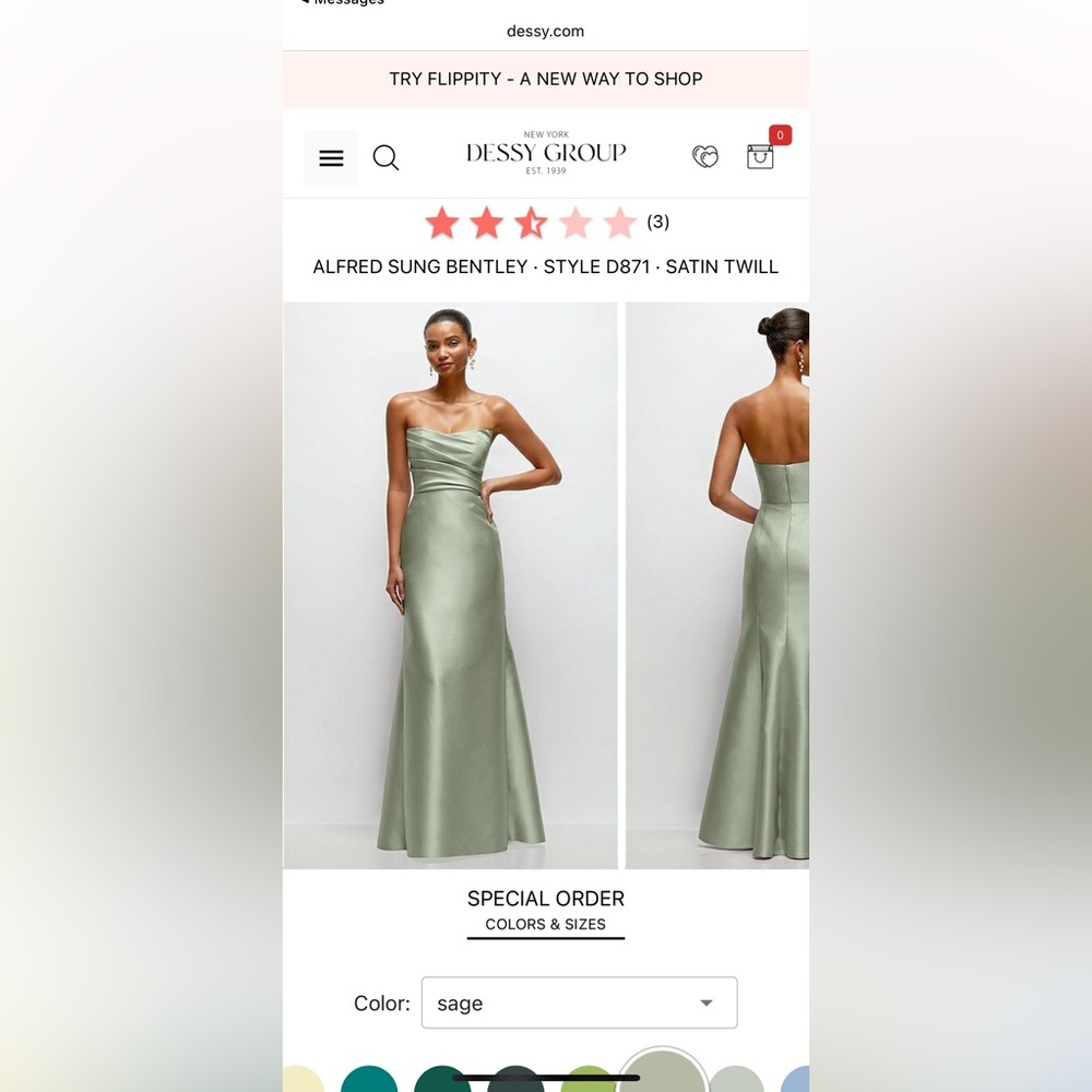 Dessy STRAPLESS CAT-EYE DRAPED BODICE SATIN TUMPET DRESS in Sage